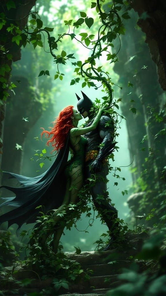 Poison Ivy Entangles Batman in Vines, Kissing Him in Dark Ca...