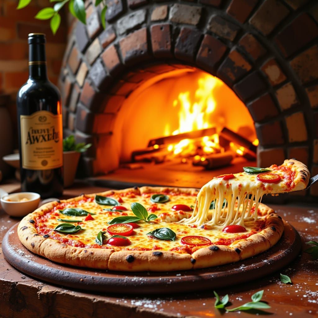 Warm Italian Kitchen Scene with Vibrant Pizza Still Life
