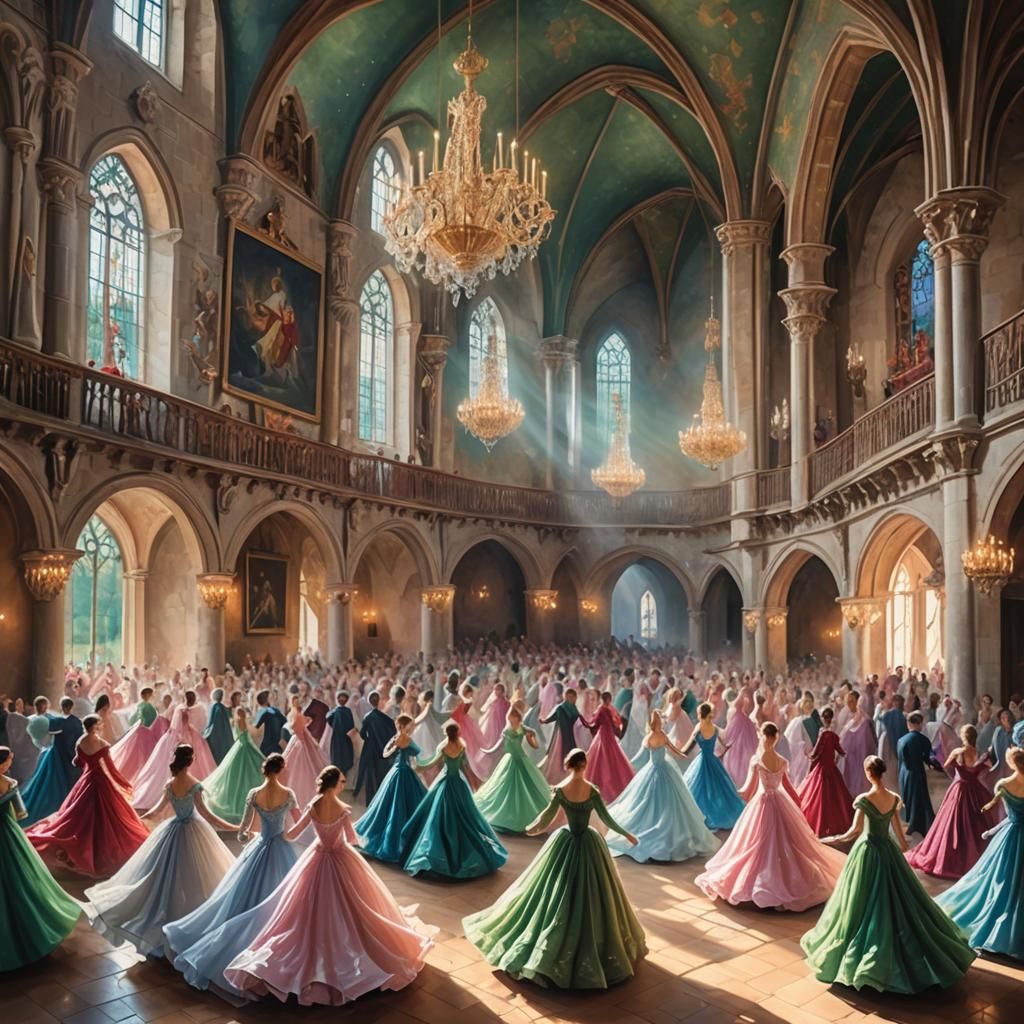 Elegant Ballroom Dancers in Medieval Castle Setting