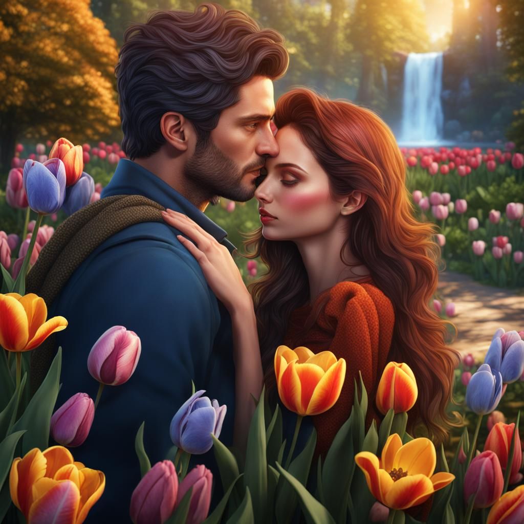 Romantic Kiss Among Tulips: Detailed Fantasy Art