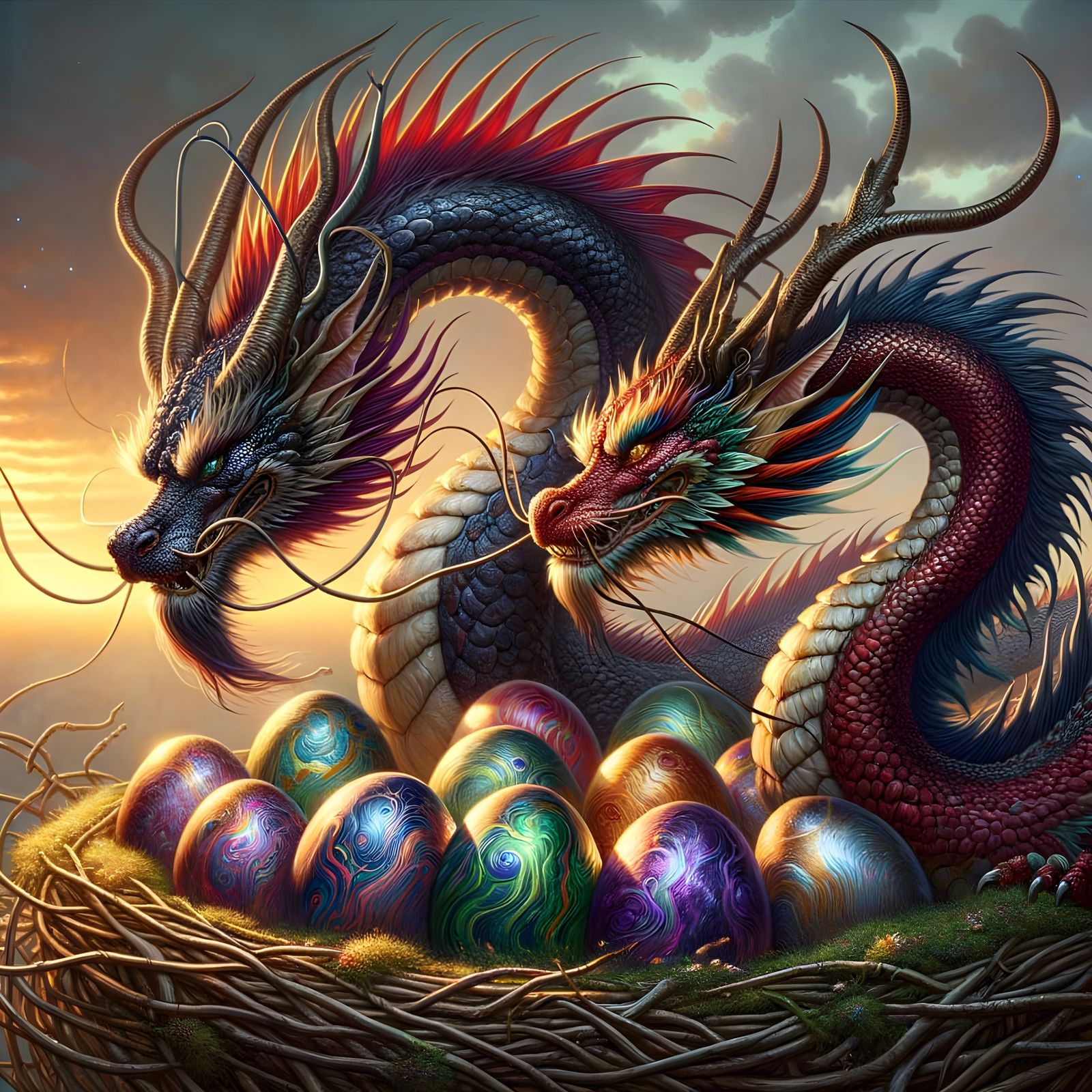 Chinese Dragons Guarding Their Vibrant Eggs Amidst a Golden ...