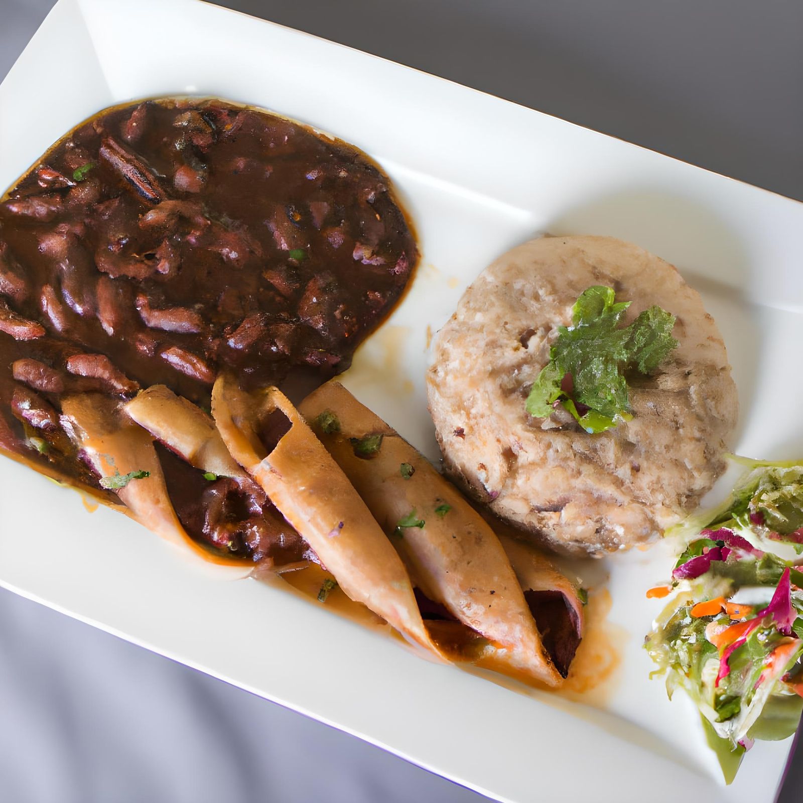 Delicious Fajitas with Mole, Rice, and Beans