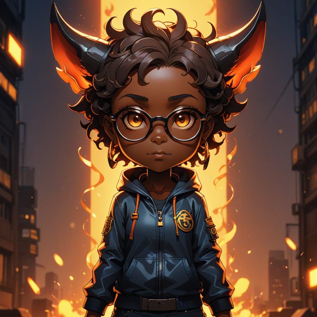 Chibi African American Female Demon in Vibrant Anime Style