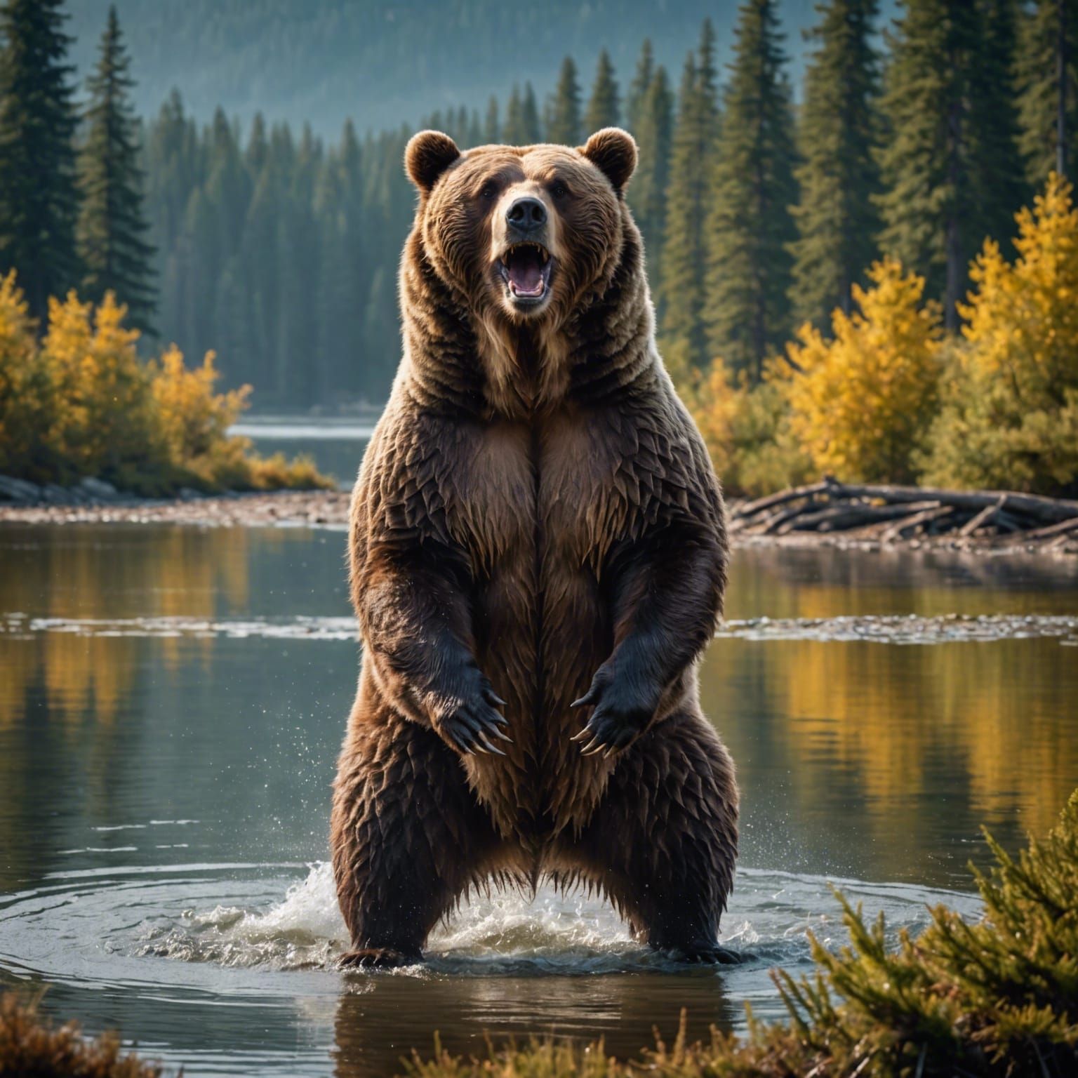 Realistic Grizzly Bear Portrait in Forest Lake Setting