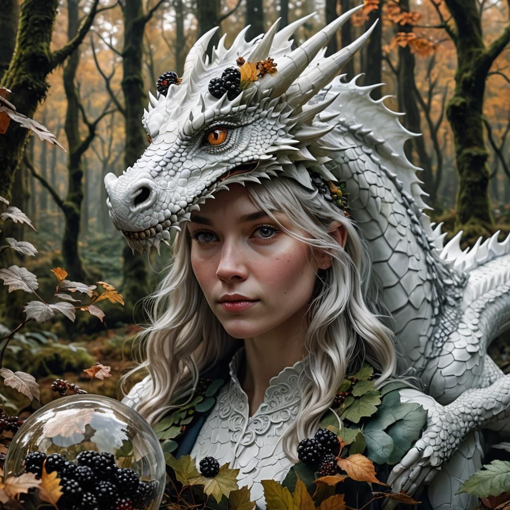 White Dragon and Woman in Autumn Forest Terrarium