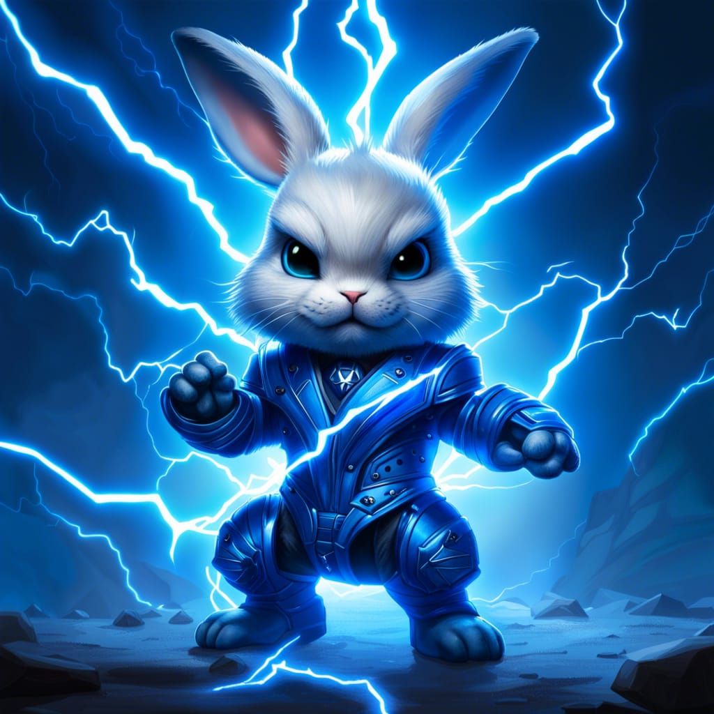 Ferocious Chibi Rabbit in Blue Lightning Suit