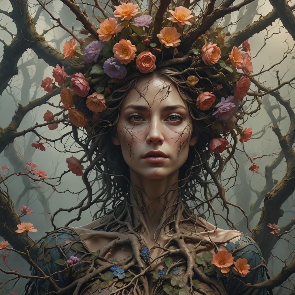 Mysterious Woman Portrait with Flowers in Bloom