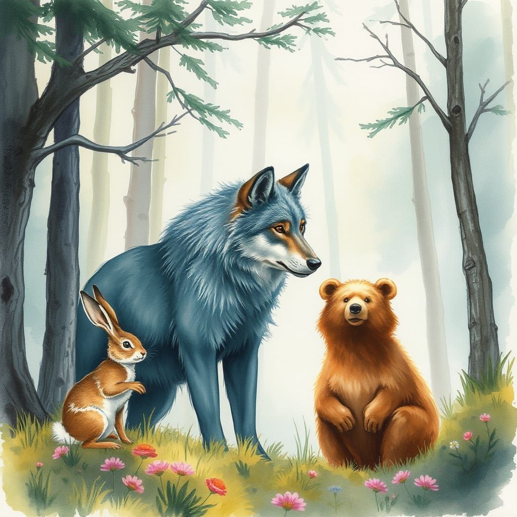 Watercolor Wolf, Bunny, and Bear in Forest