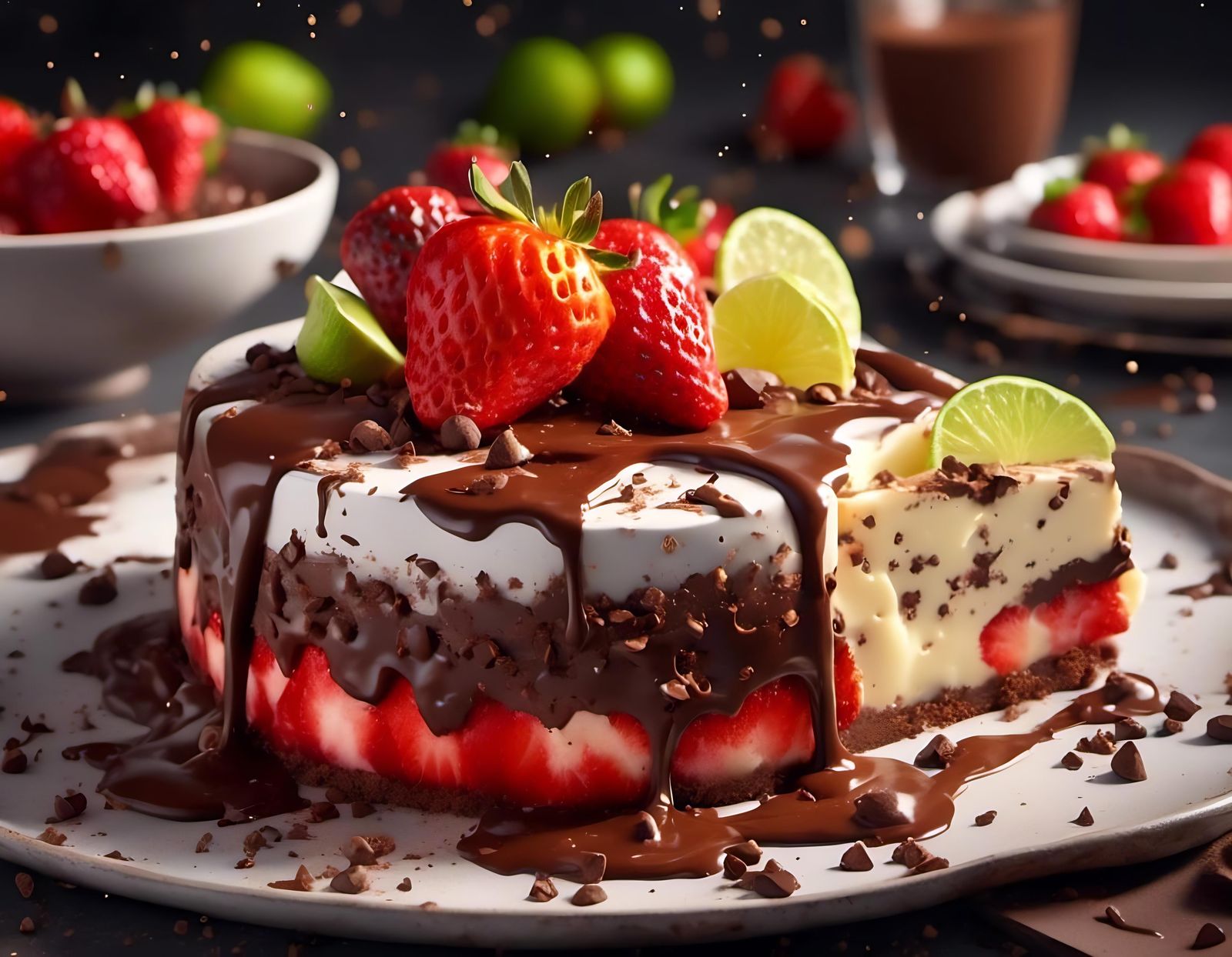 cheesecake covered in chocolate, decorated with strawberry a...