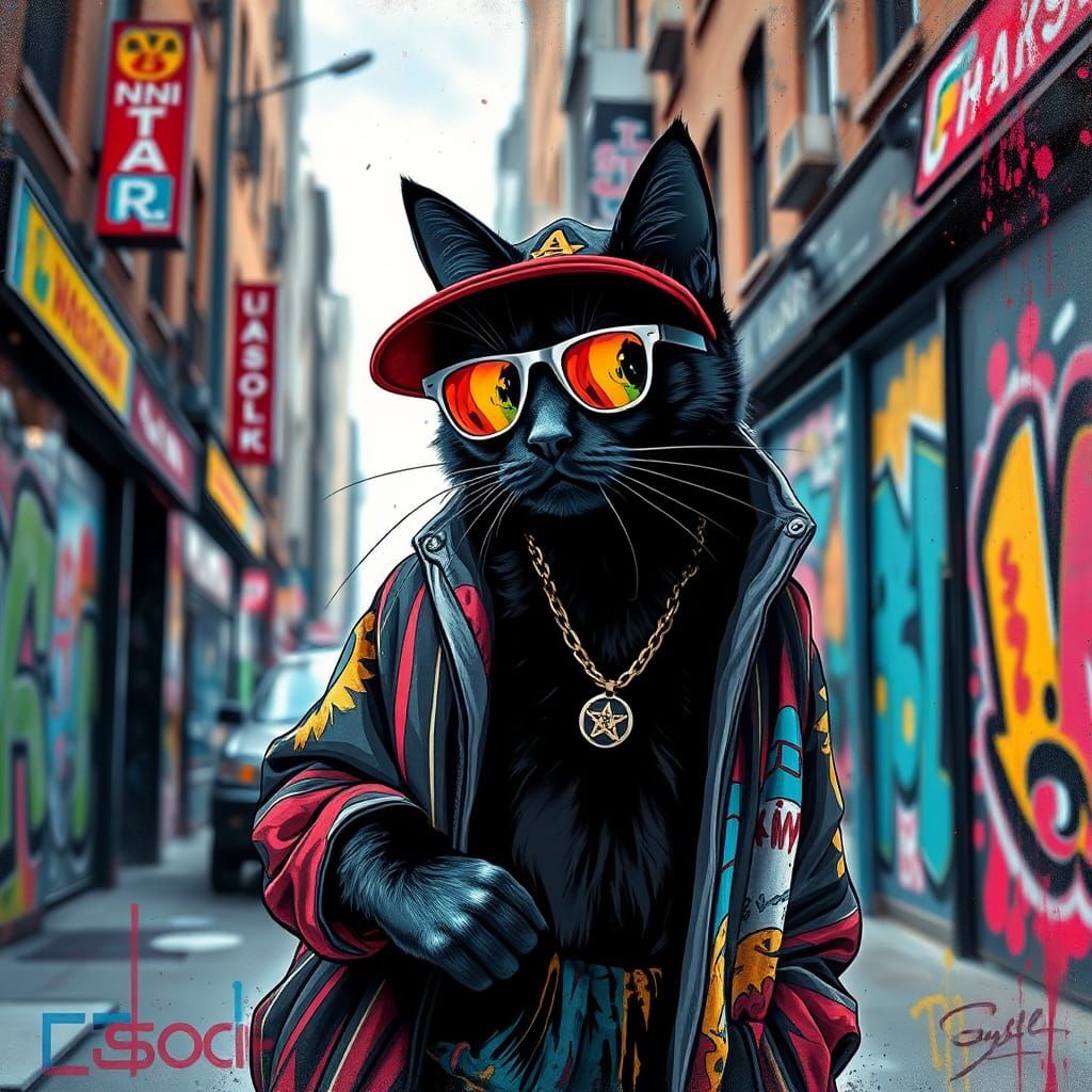 Hip Hop Cat Poses in Graffiti Cityscape