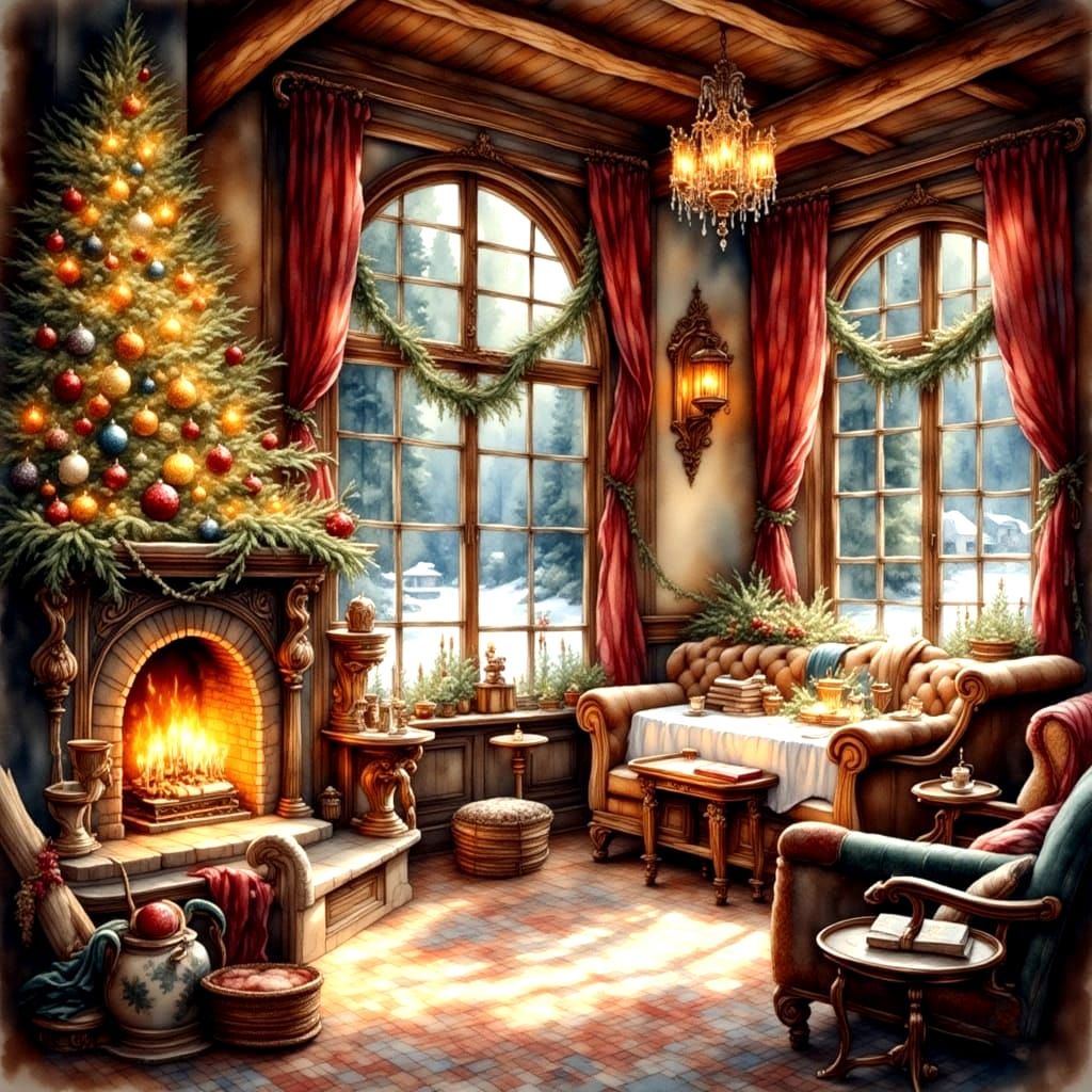 Christmas at the Chalet in Watercolor Style