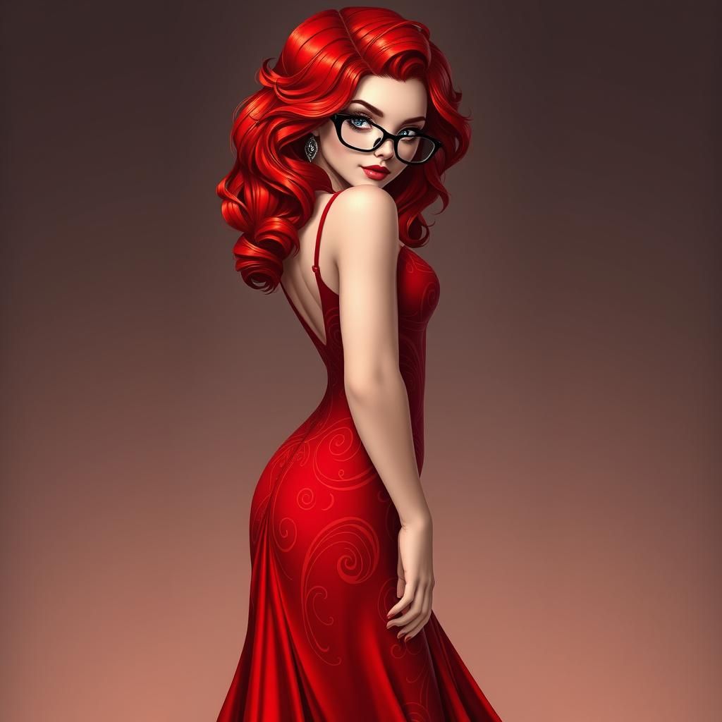 Redhead Woman in Red Gown, Art Nouveau Style