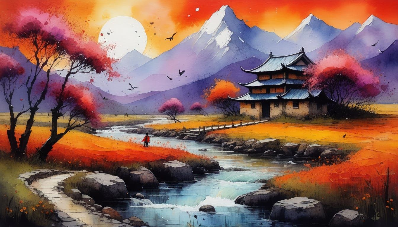 Impressionist Sunset Over Ancient Chinese Landscape