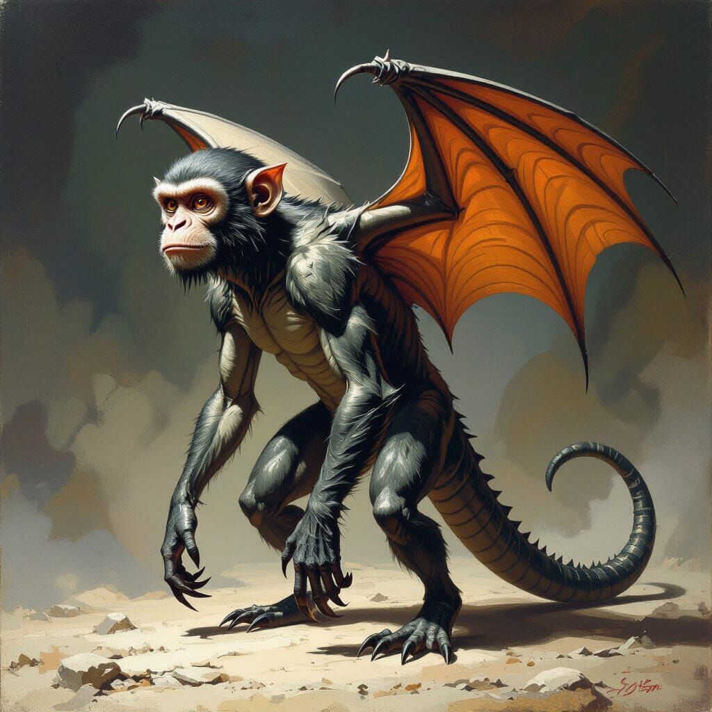 Hybrid Creature: Monkey Body, Bat Wings, Crocodile Legs in G...