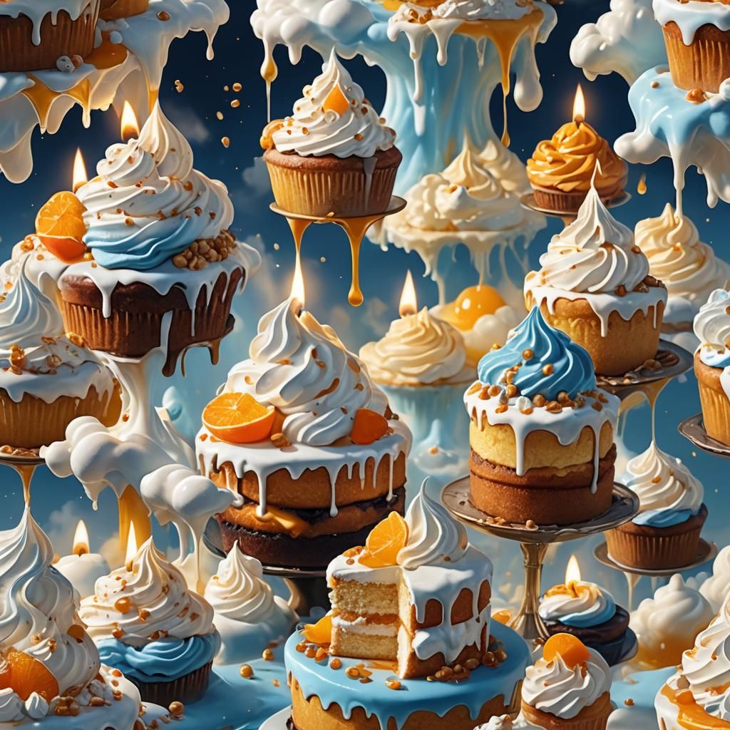 Cakes and Candles Float in a Dreamlike Sky