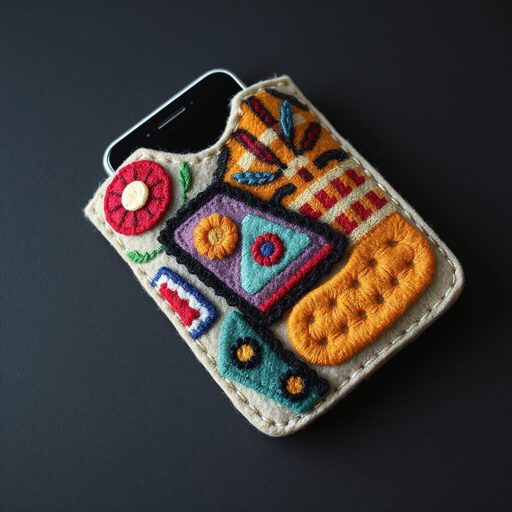 Embroidered Felt Cell Phone Holder in Folk Art Style