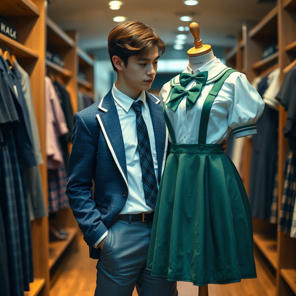 Young Man Contemplates Elegant Female School Uniform