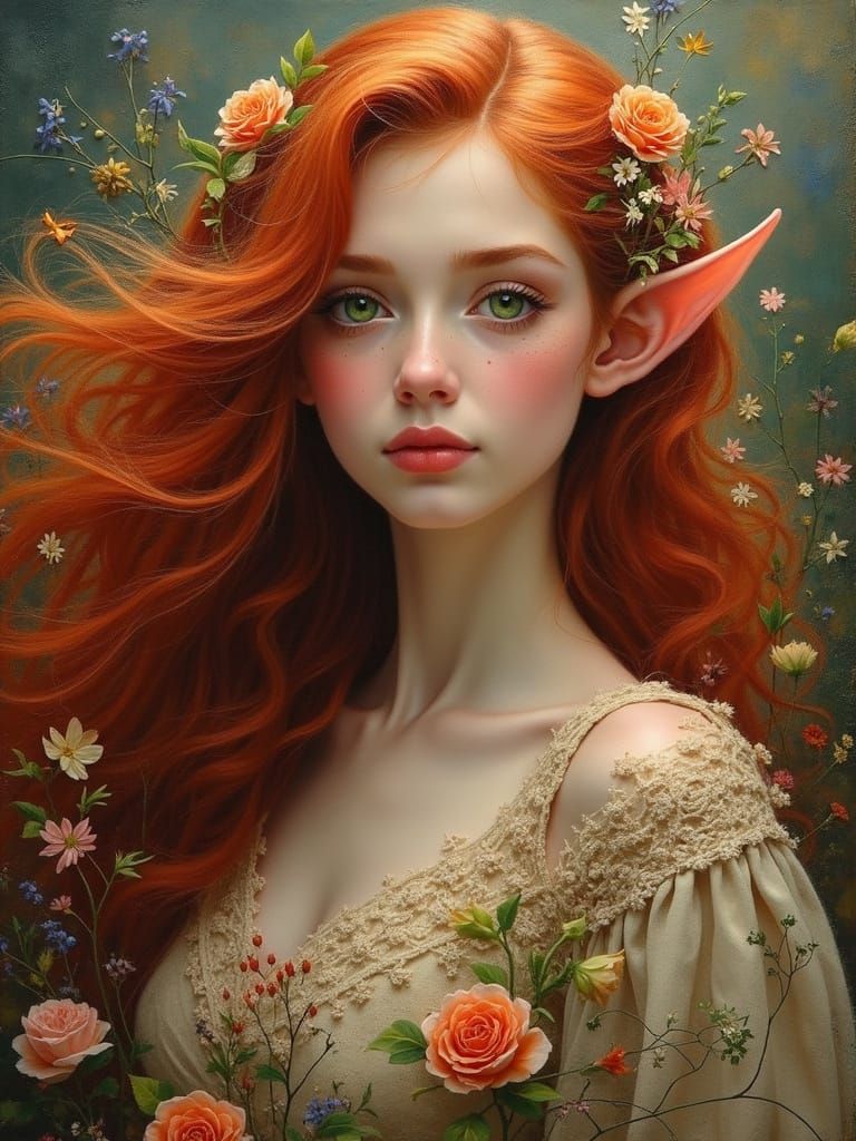Bohemian Rhapsody, long flowing auburn hair, elven ears, pie...