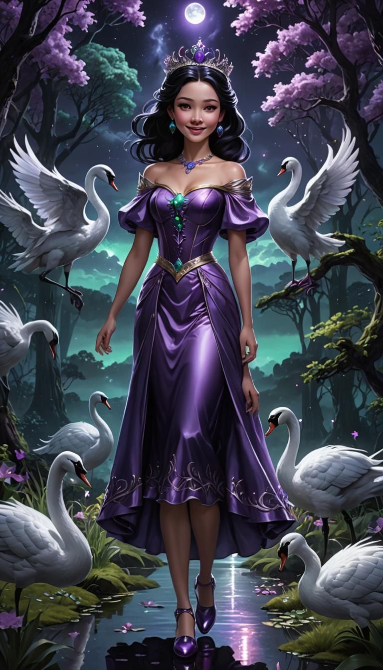 Glowing Princess with Black Swans in Dark Forest