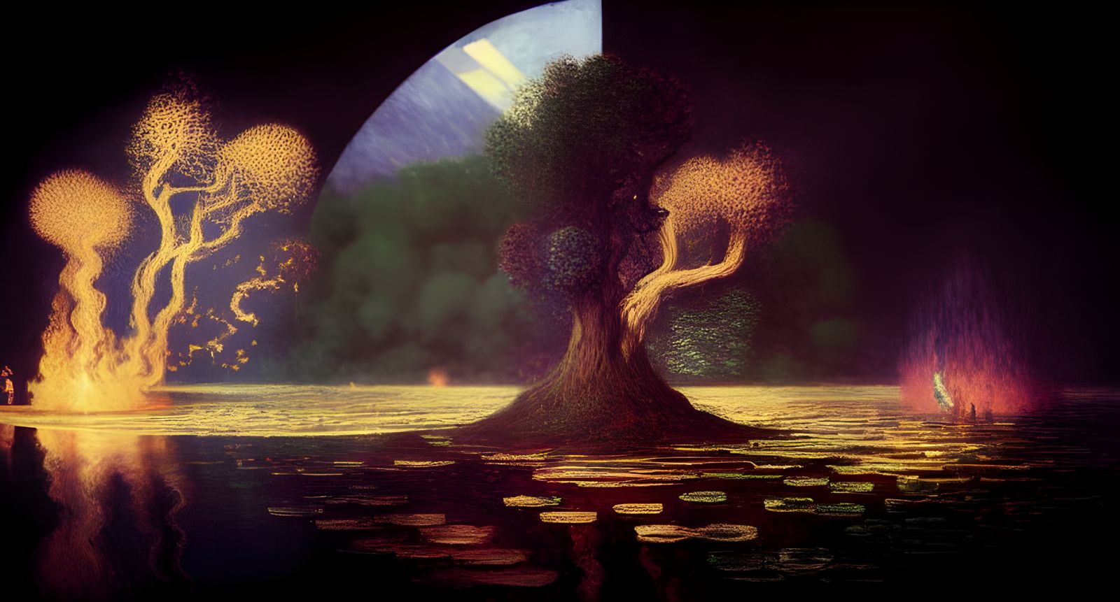 Erupting Biopunk Pond: A Surreal Volcanic Dream