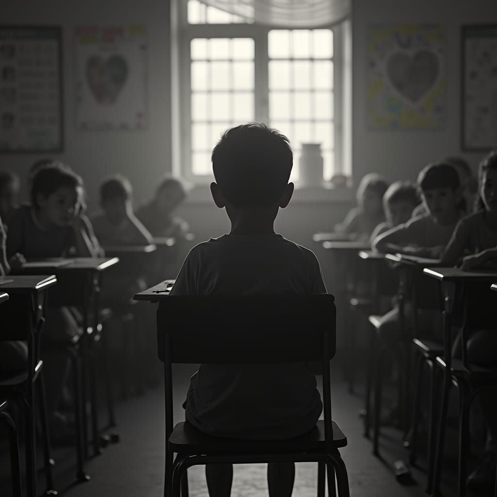 Frightened Boy in Grayscale Classroom, Digital Art Style