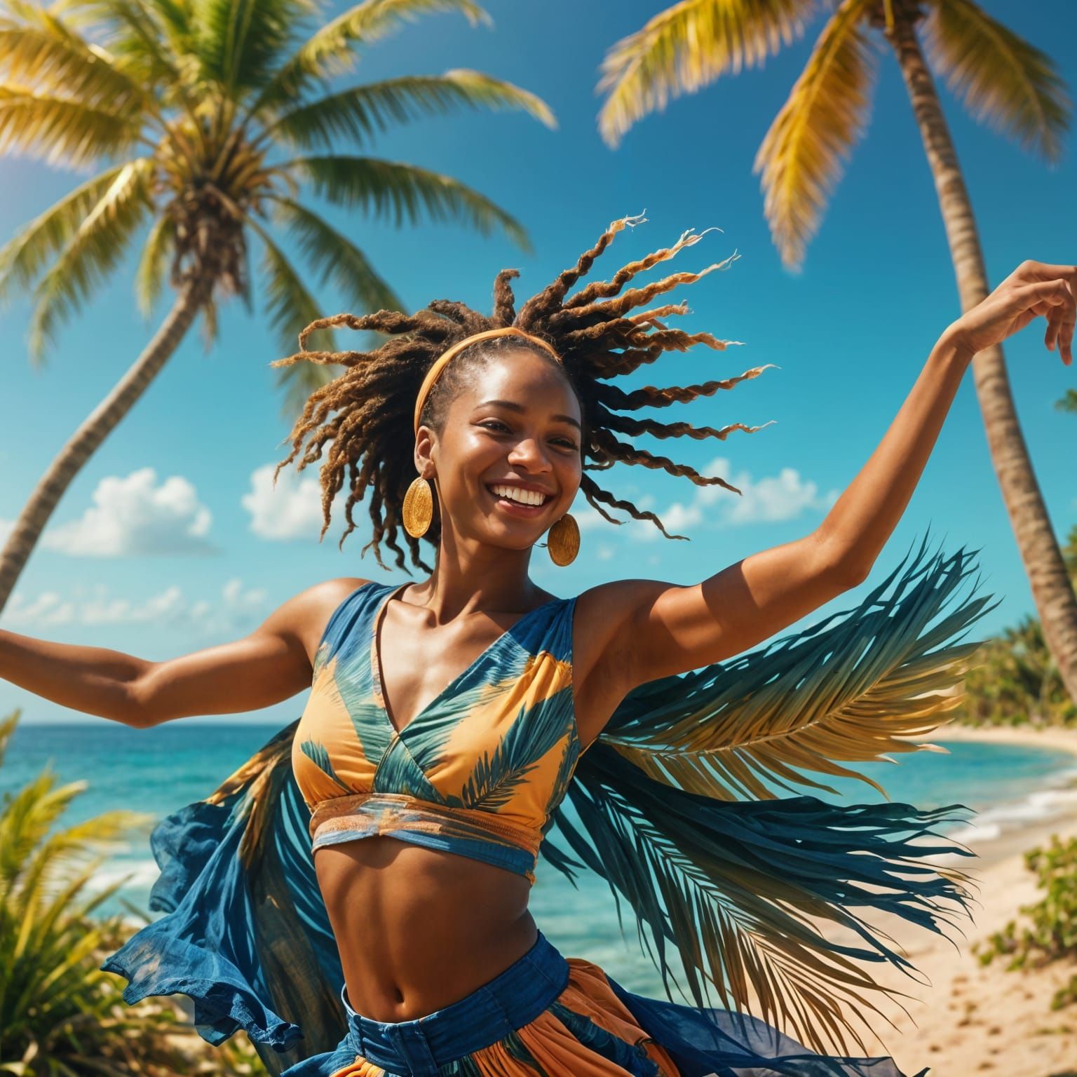 Joyful Jamaican Woman Dancing on Beach