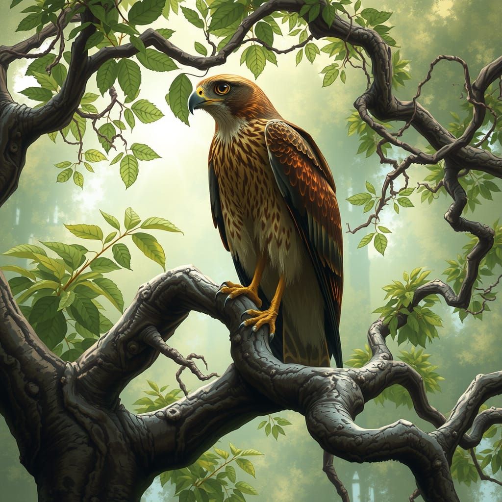 Ethereal Falcon Perched Amidst Vibrant Canopy