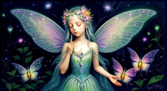 Silver Fairy in Bioluminescent Forest: Pointillist Oil Paint...