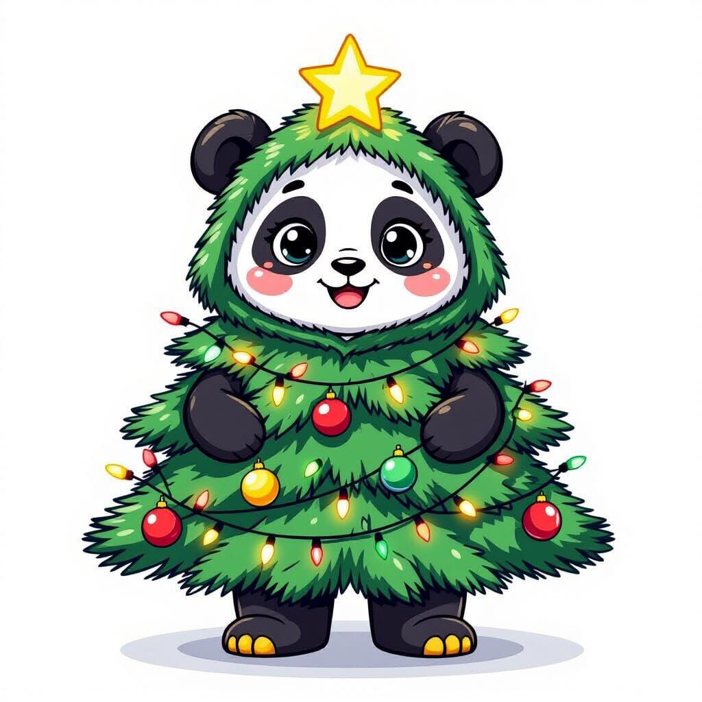 Smiling Panda Christmas Tree Cartoon in Sanrio Style