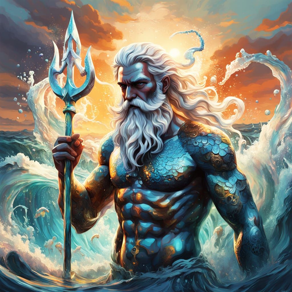 Sea God Poseidon Holds Ethereal Mermaid at Sunset