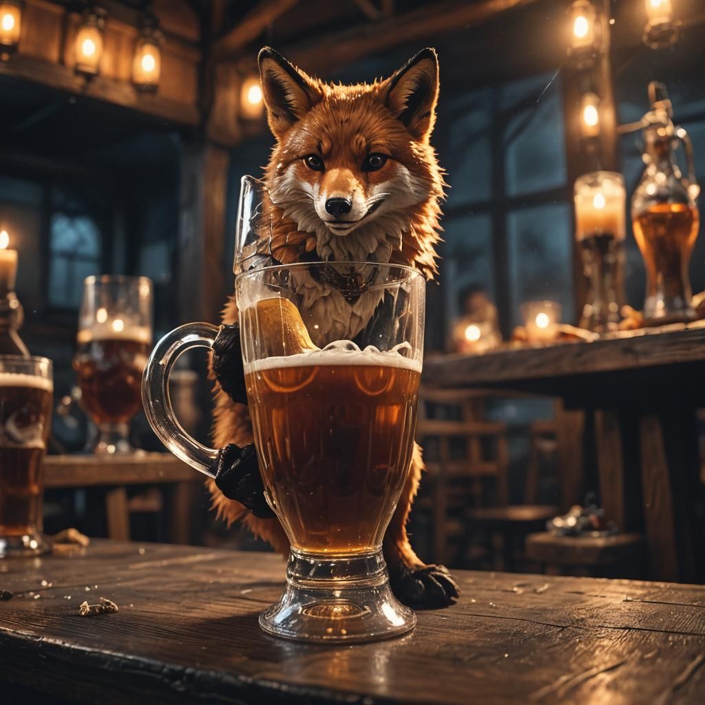Dark Fantasy Fox Drinks Beer at Oktoberfest