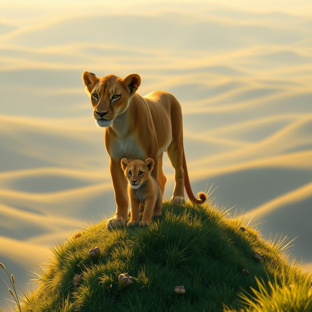 Young Lioness and Cub in Dreamy Impressionist Landscape