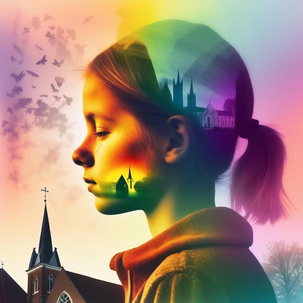 Double Exposure Portrait with Church and Rainbow Fog