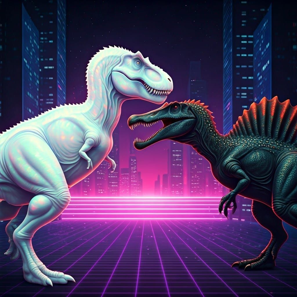 Tyrannosaurus REX vs Spinosaurus in Neon Cityscape