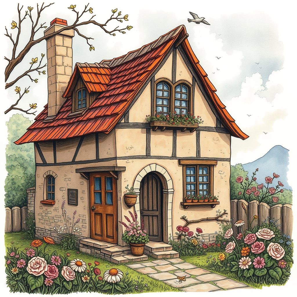 Charming Old Home with Flowers: Filigree Illustration