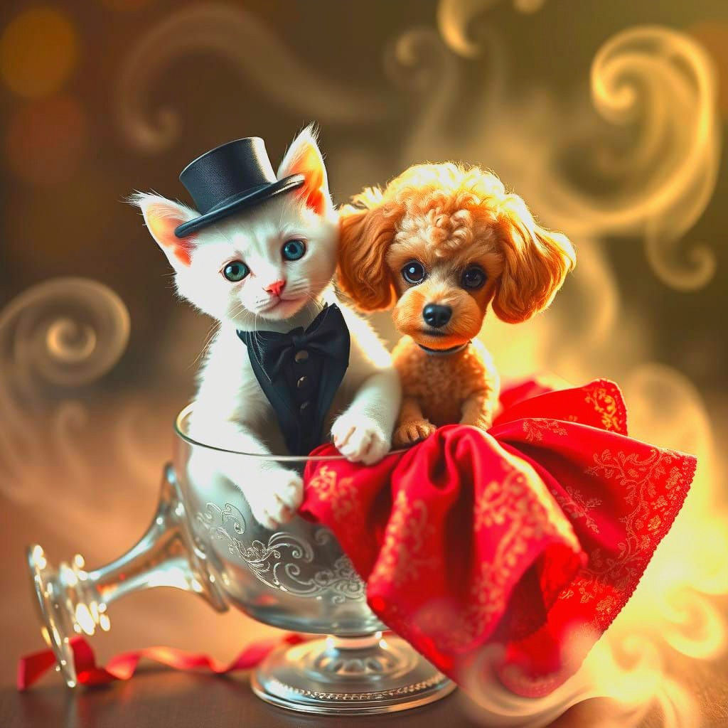 Whimsical Feline and Canine in Elegant Wine Glass Scene