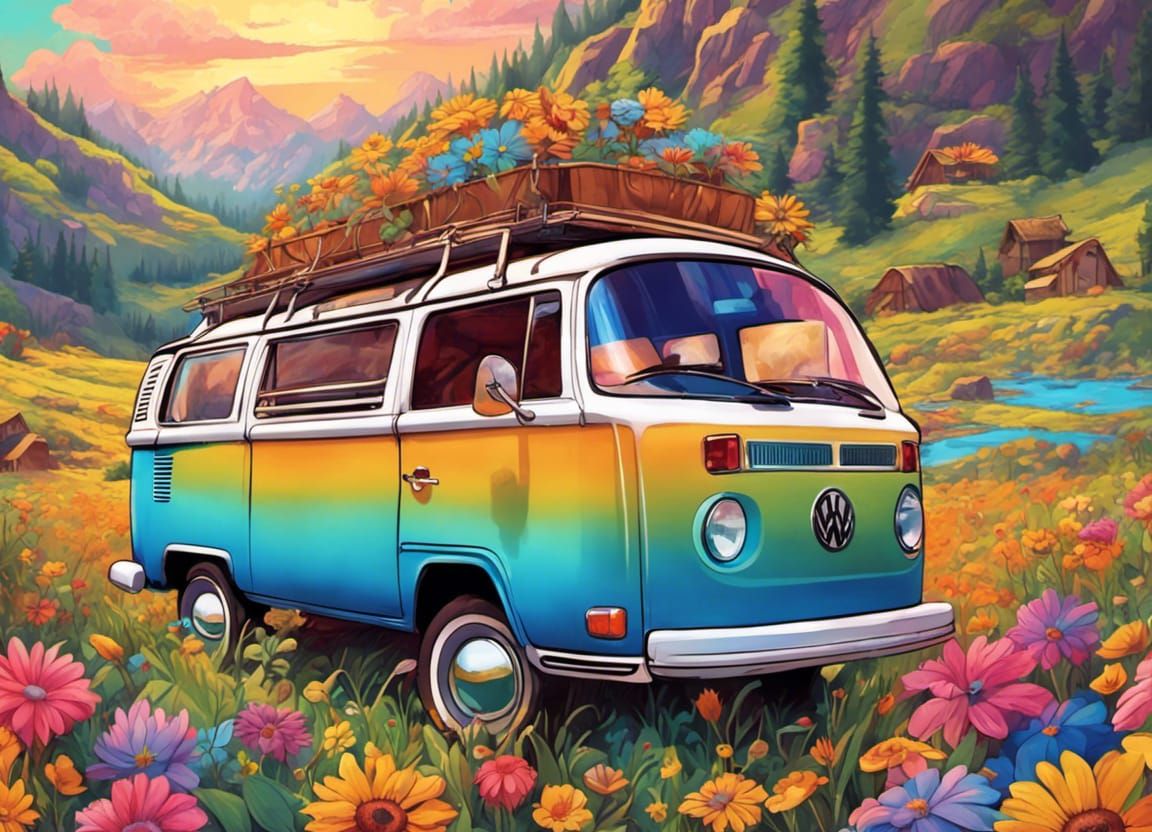 Colorful 70s VW Van in Flowery Meadow, Comic Art