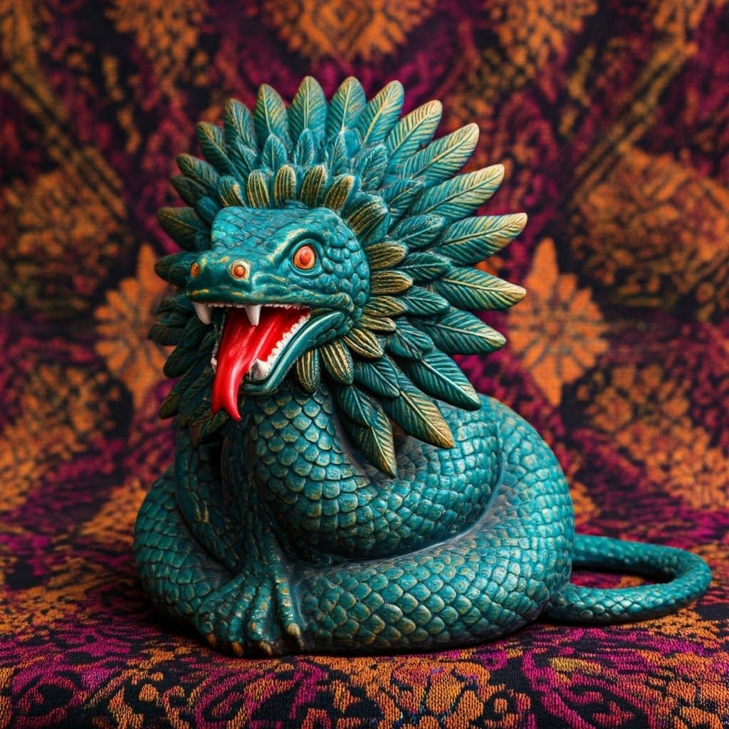 Glazed Ceramic Quetzalcoatl Aztec Statuette in Vibrant Turqu...