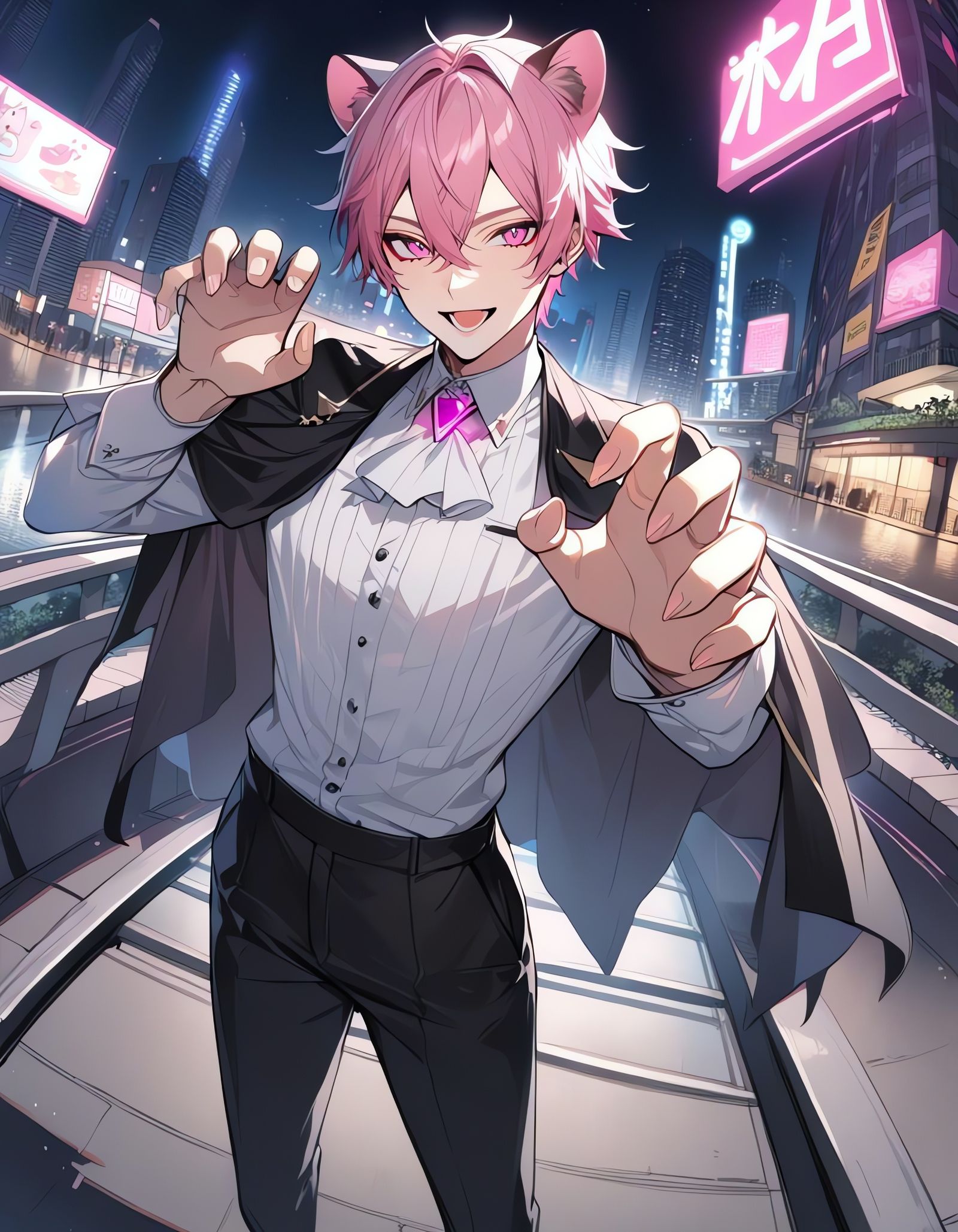 Bishounen Vampire with Pink Hair in Cityscape
