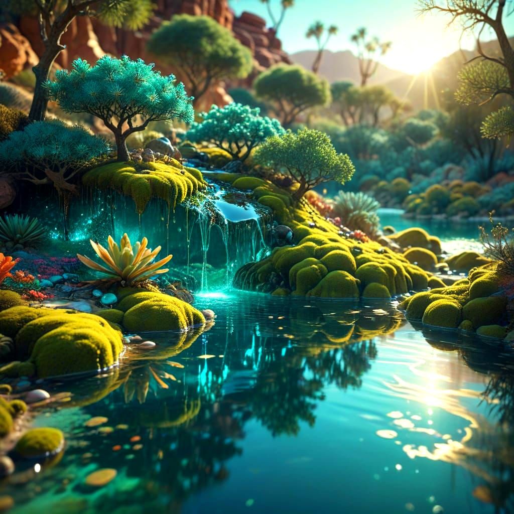 Idyllic Desert Oasis in Hyper-Realistic Digital Art
