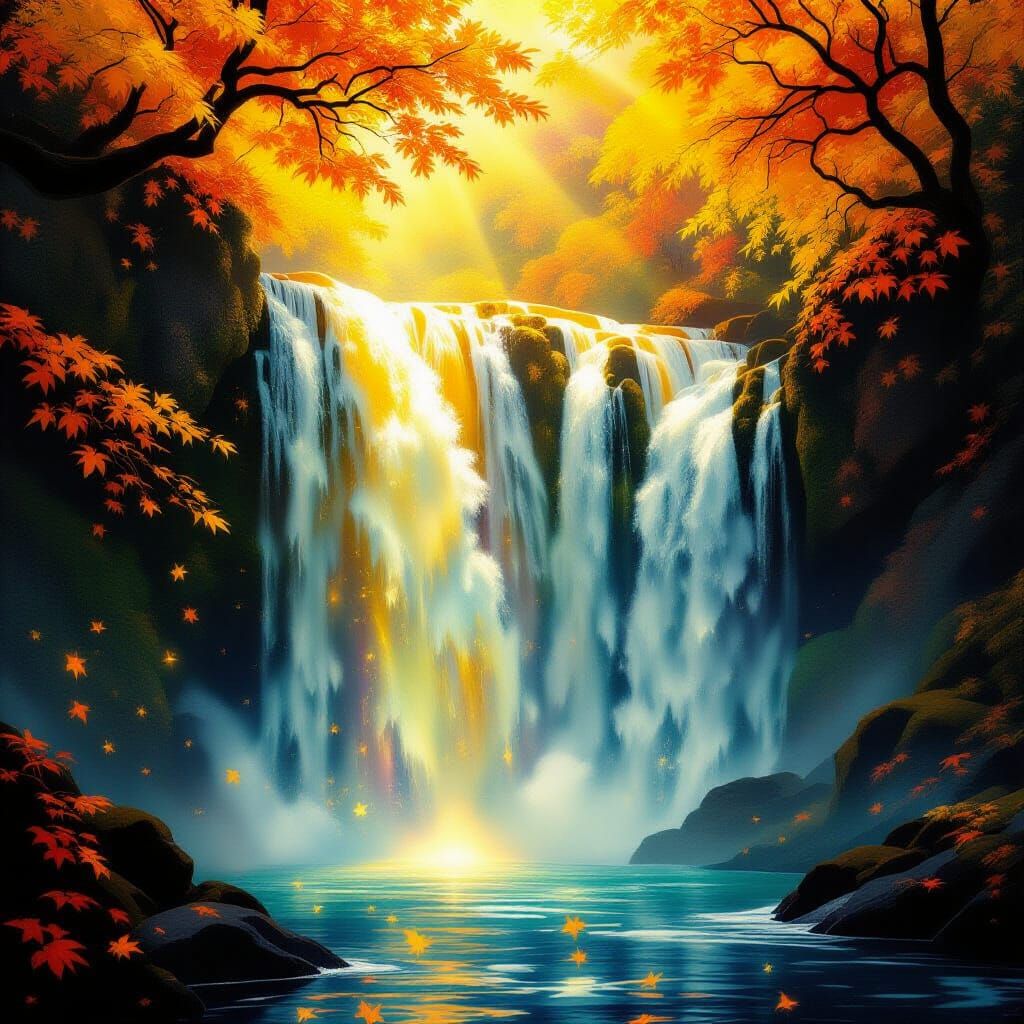 Vibrant Autumn Leaves Waterfall Astral Cosmic Illustration