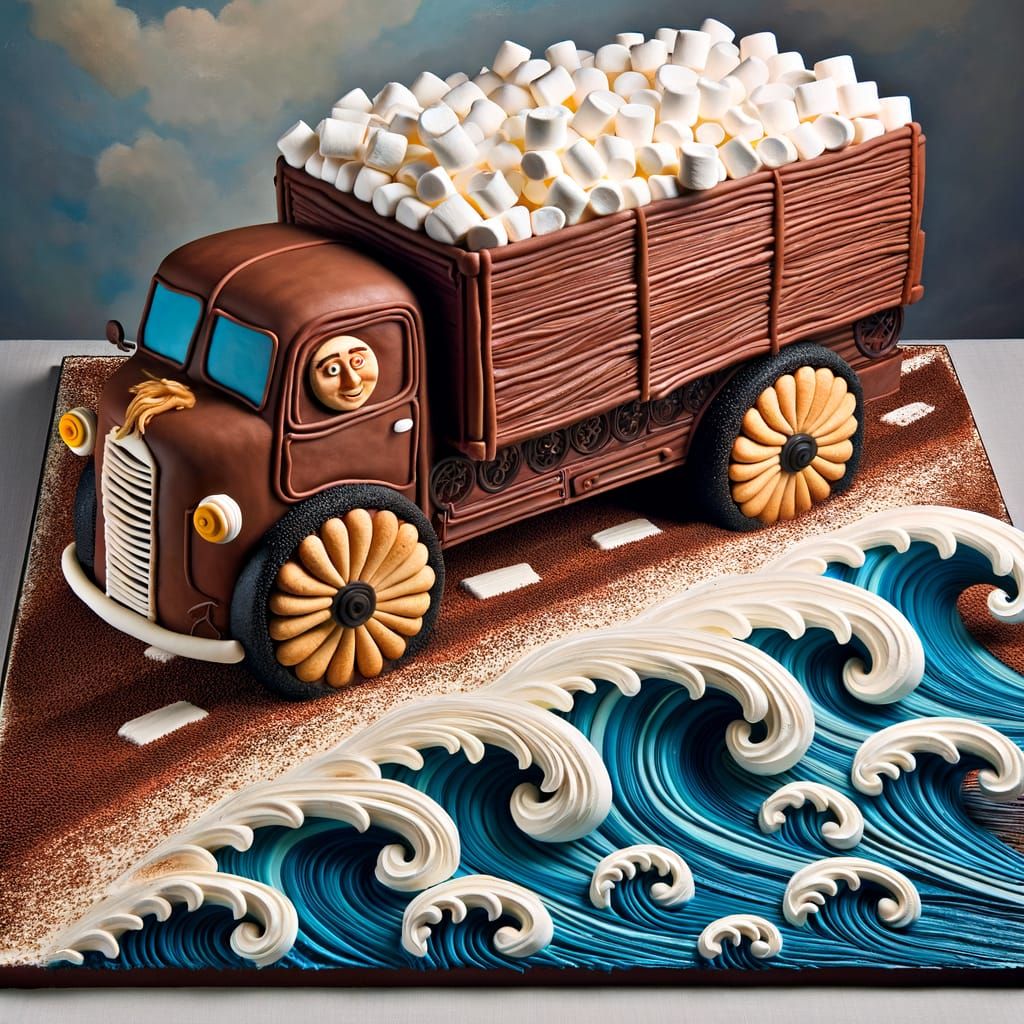 Surreal Truck Cake on a Marshmallow Sea