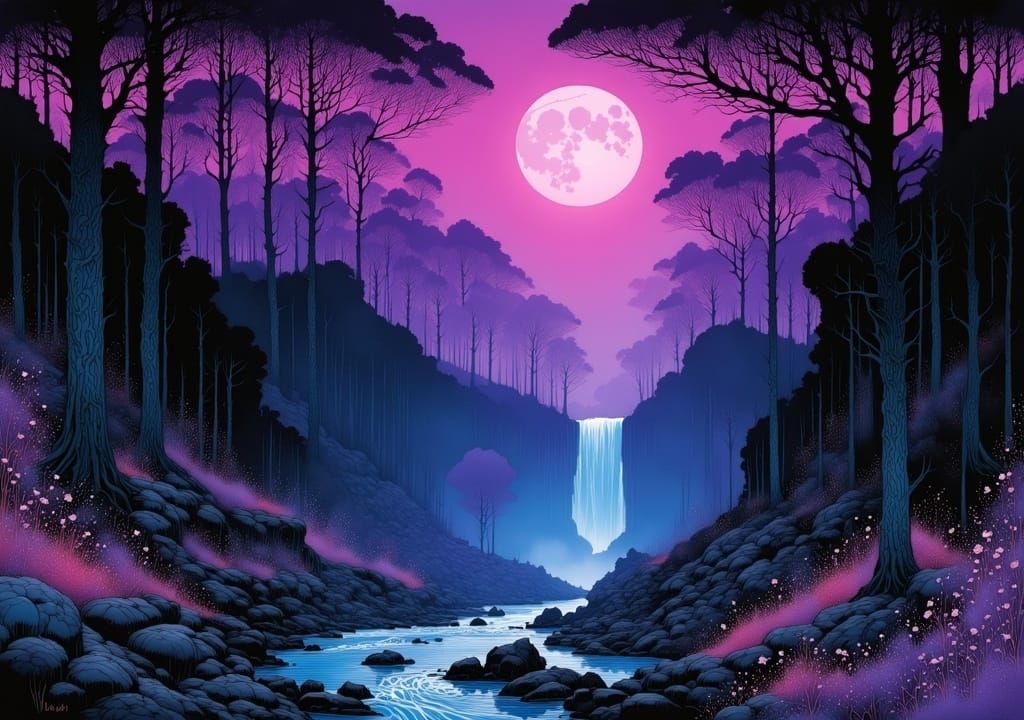 Misty Valley Waterfall in Violet Evening Hues