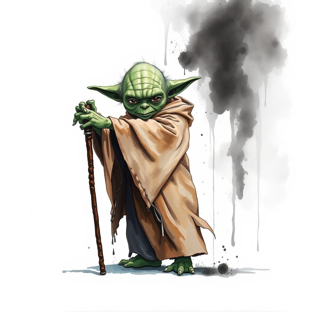 Mysterious Hermit in Tattered Robes, Wielding a Cane