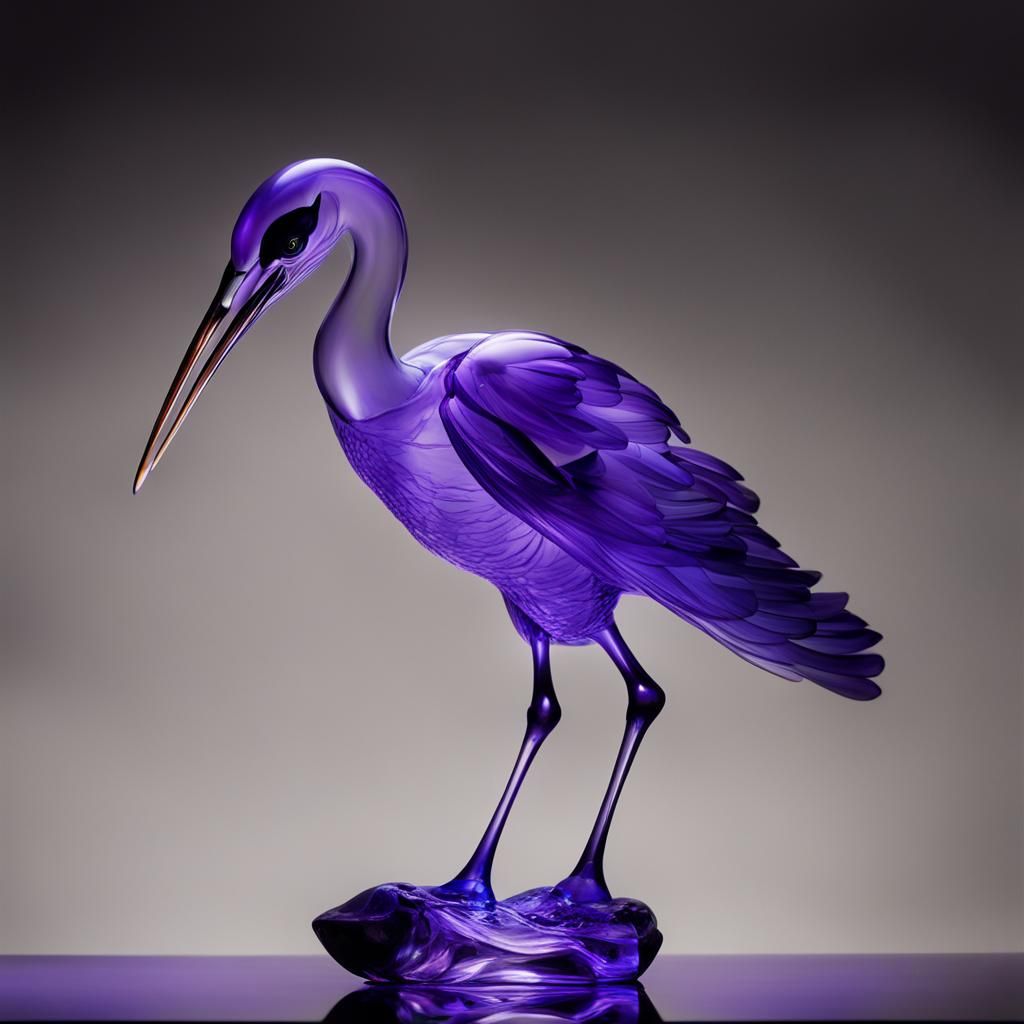 Glowing Glass Stork Statue in the Darkness