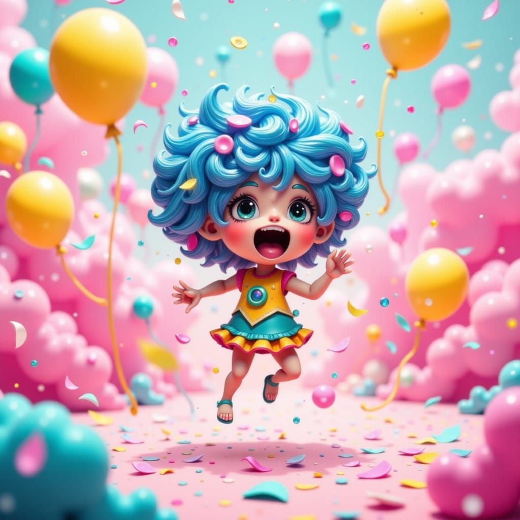 Excited Tiny Person Jumps in Pastel Wonderland