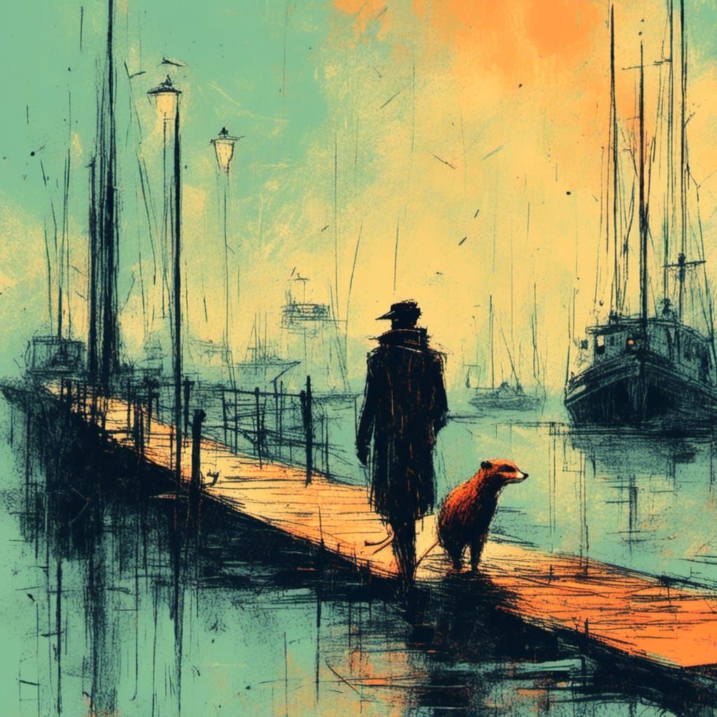 Cyberpunk Mongoose on Pier with Minimalist Scribbles