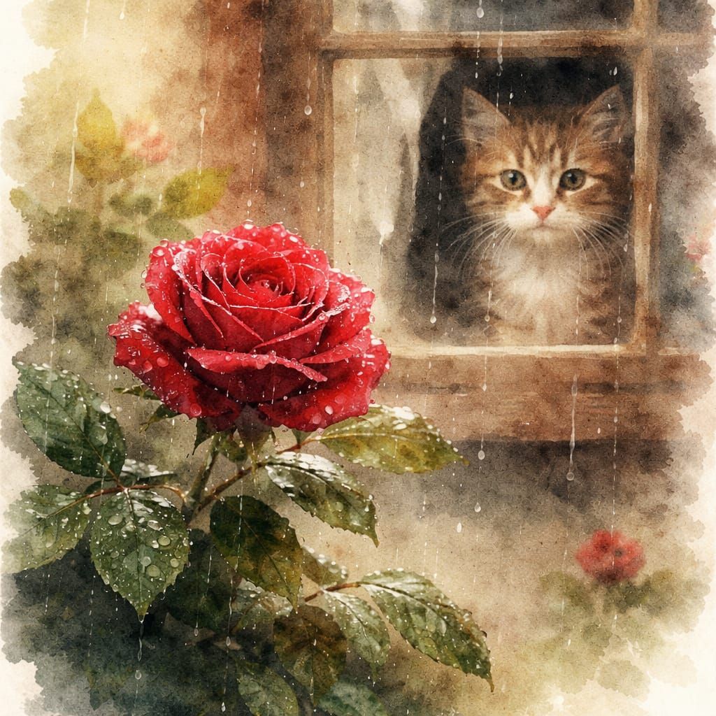 Cinematic Watercolor of Rose with Kitten at Window