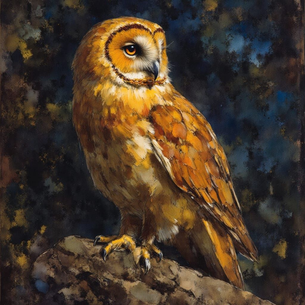 Autumn Owl in Forest, Stylized Illustration