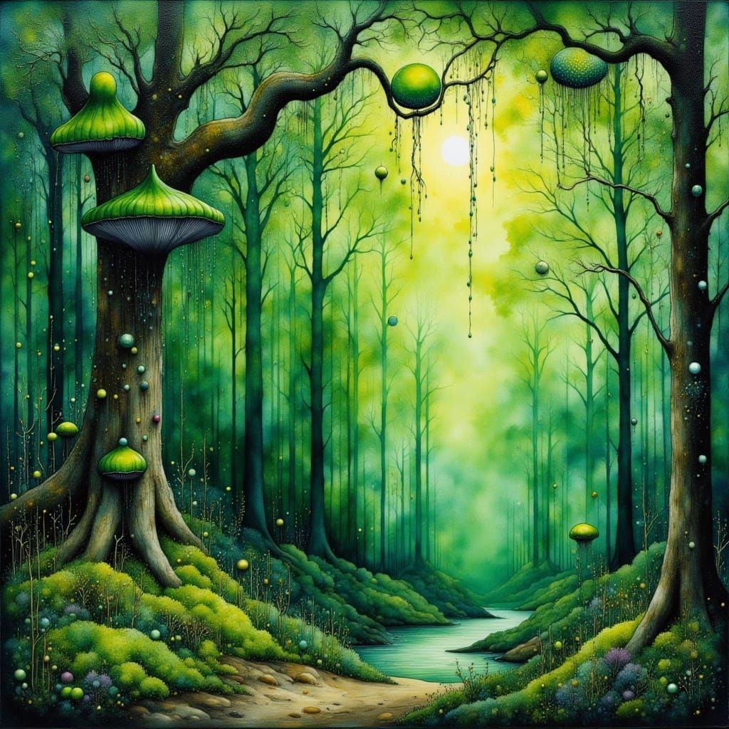 Ethereal Forest with Fungi in Watercolor Style